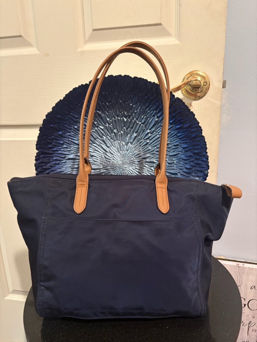 Michael Kors Navy Nylon Tote Bag with Brown/Tan Leather Handles - Picture 2 of 6